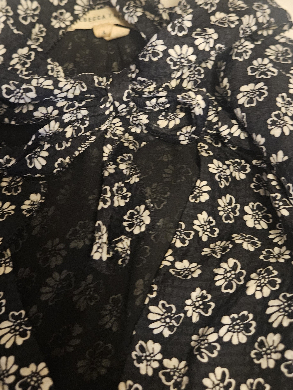 Rebecca Taylor Black and White Floral Smocked Long Sleeve Dress